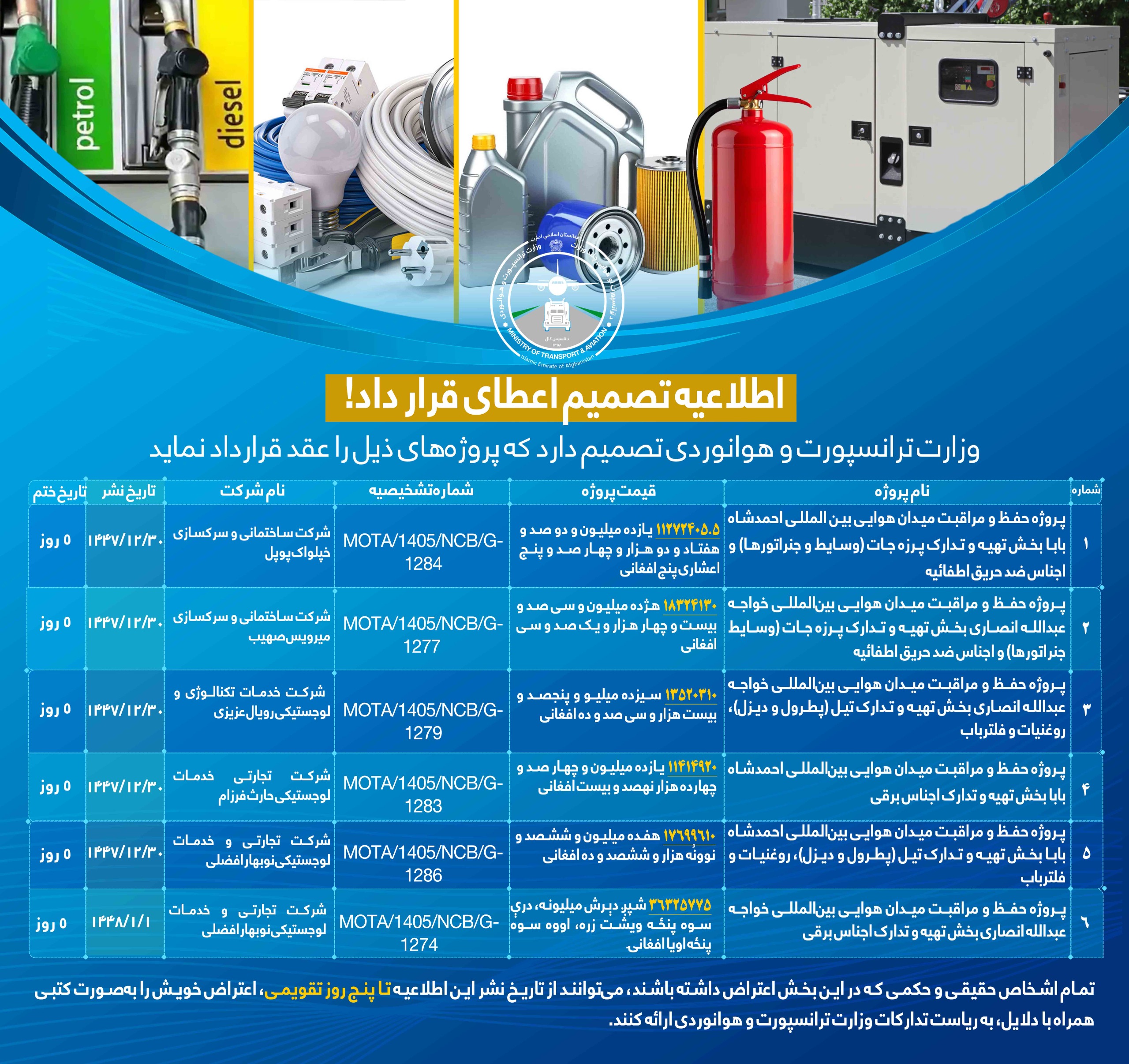 وزارت ترانسپورت و هوانوردی تصمیم دارد که پروژه های ذیل را عقد قرارداد نماید