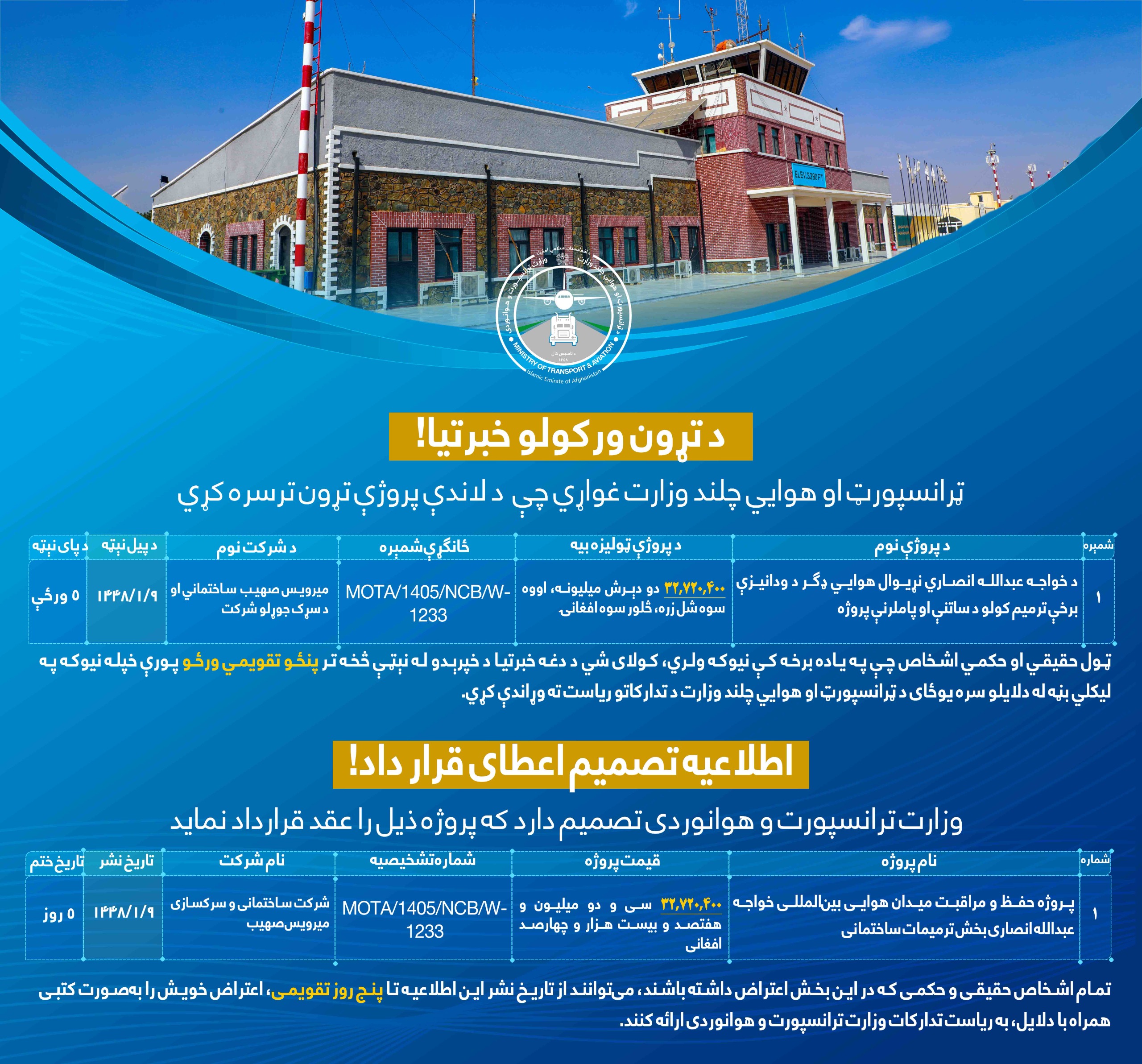 پروژه حفظ و مراقبت میدان هوايی بین المللی خواجه عبدالله انصاری بخش ترمیمات ساختمانی