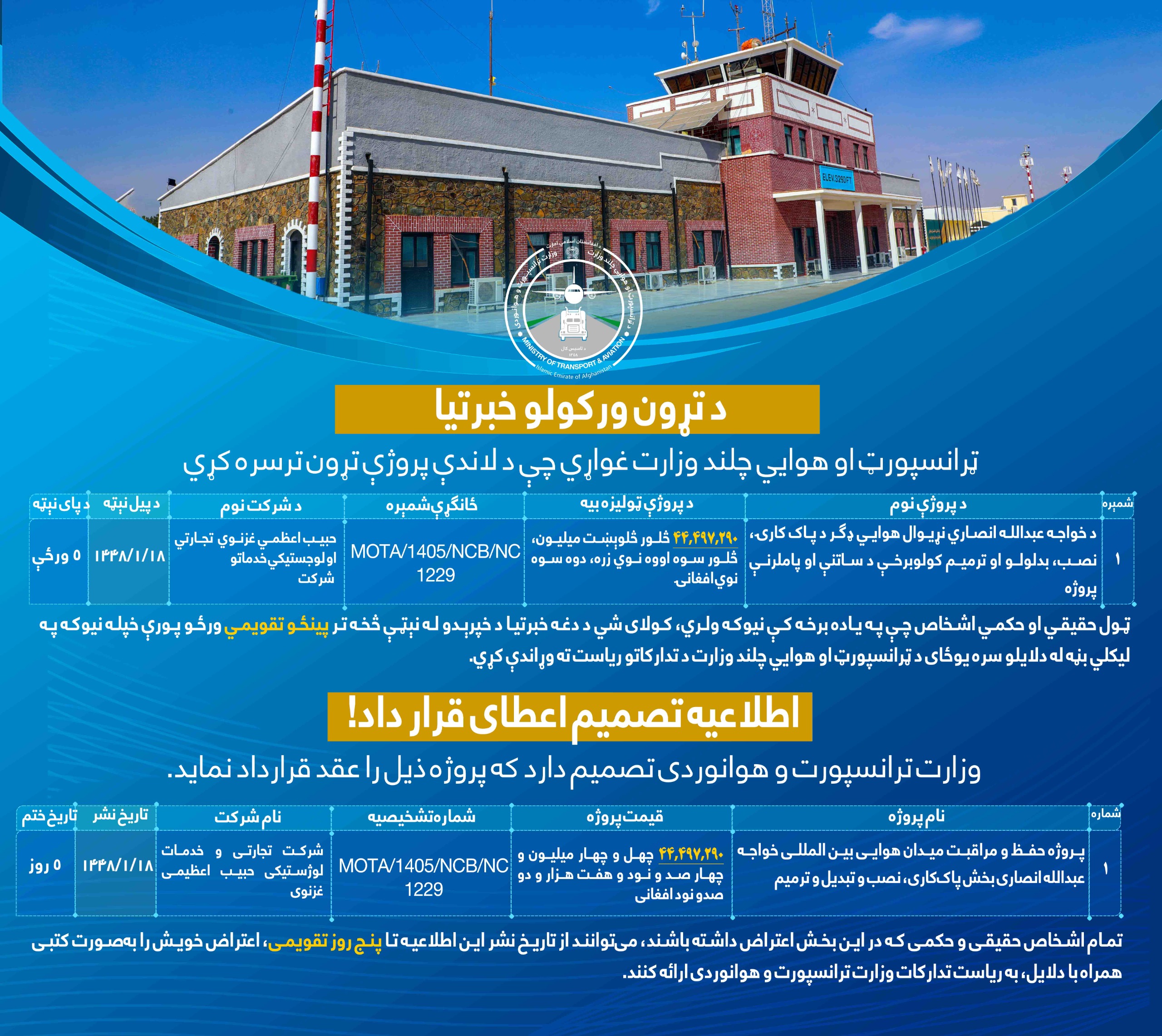 پروژه حفظ و مراقبت میدان هوايی بین المللی خواجه عبدالله انصاری بخش پاک کاری، نصب و تبدیل وترمیم