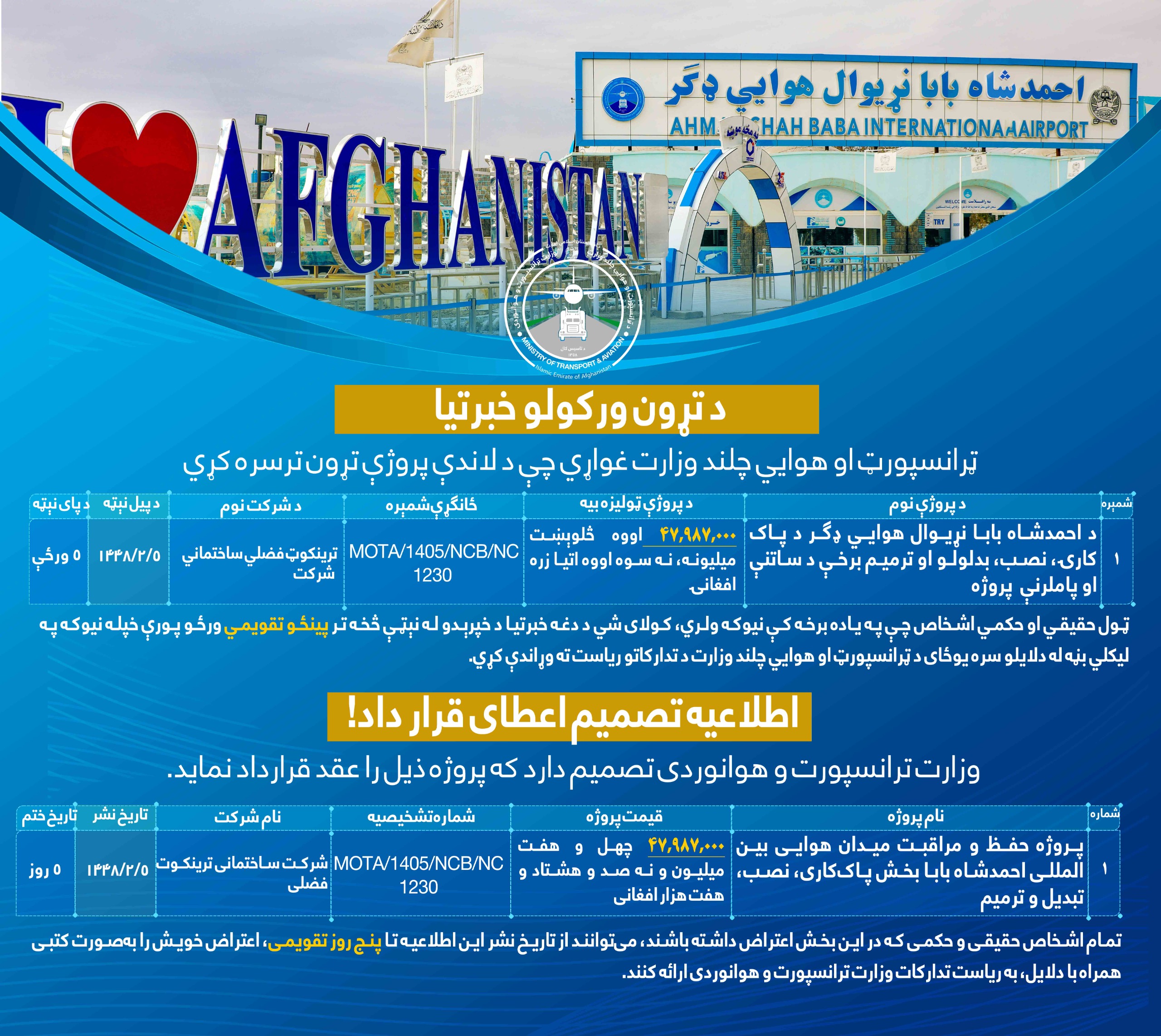 پروژه حفظ و مراقبت میدان هوايی بین المللی احمد شاه بابا بخش پاک کاری، نصب تبدیل و ترمیم