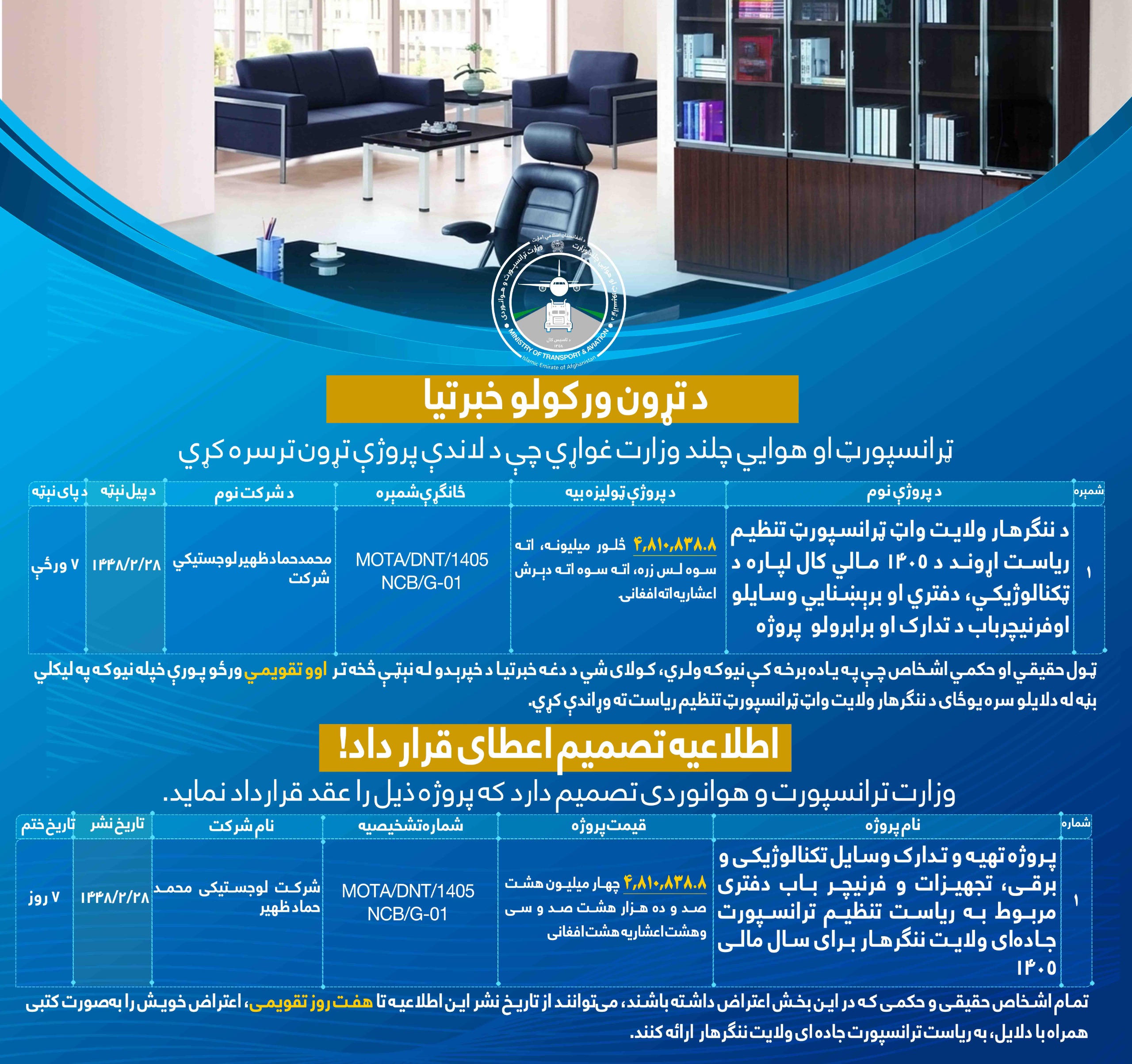 پروژه تهیه و تدارک وسایل تکنالوژیکی و برقی، تجهیزات و فرنیچر باب دفتری مربوط به ریاست تنظیم ترانسپورت جاده ای ولایت ننگرهار برای سال مالی ۱۴۰۵