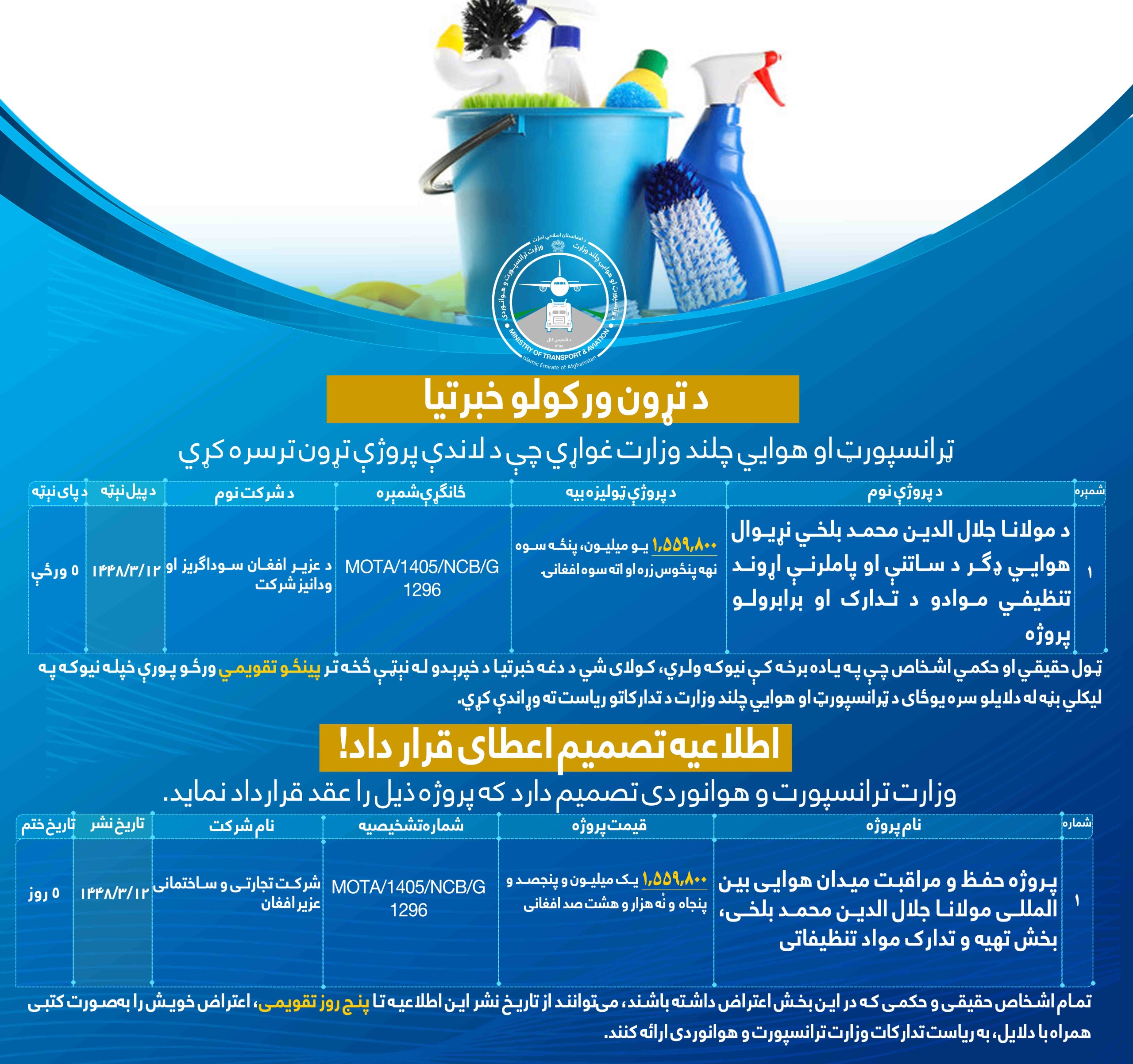پروژه حفظ و مراقبت میدان هوايي بین المللی مولانا جلال الدین محمد بلخی، بخش تهیه و تدارک مواد تننظیفاتی