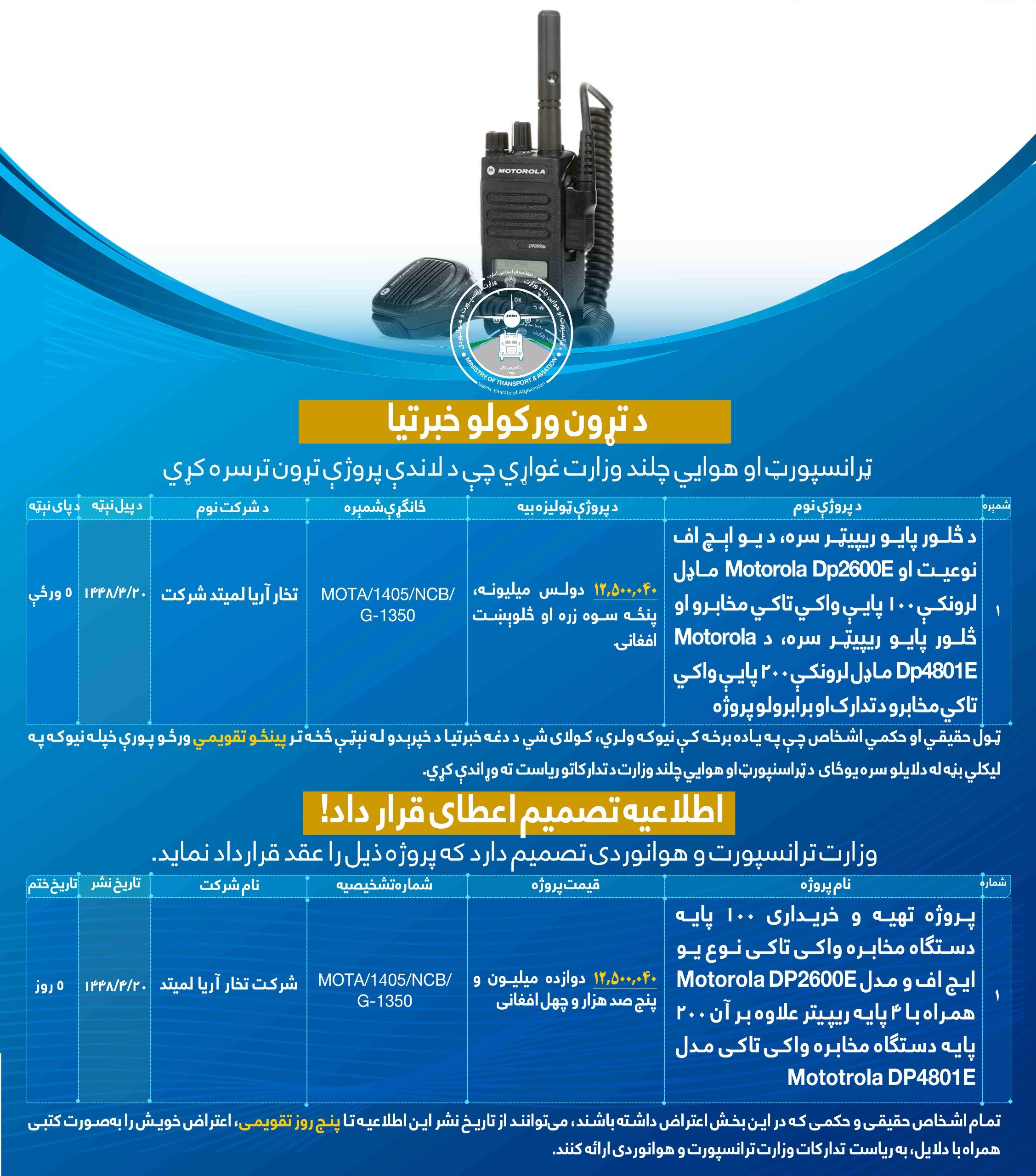 وزارت ترانسپورت و هوانوردی تصمیم دارد که پروژه های ذیل را عقد قرارداد نماید