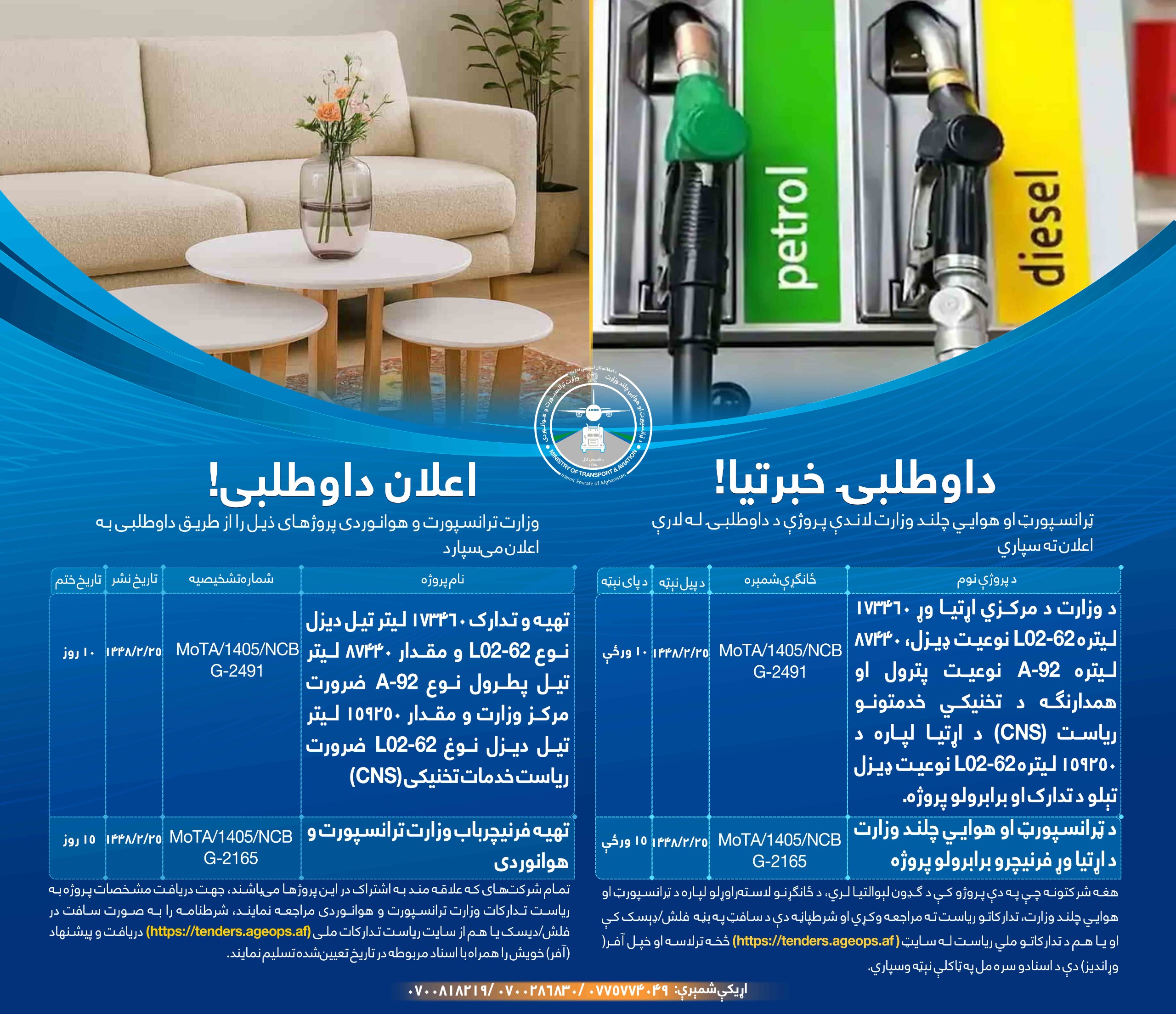 وزارت ترانسپورت و هوانوردی پروژه های ذیل را از طریق داوطلبی به اعلان می سپارد