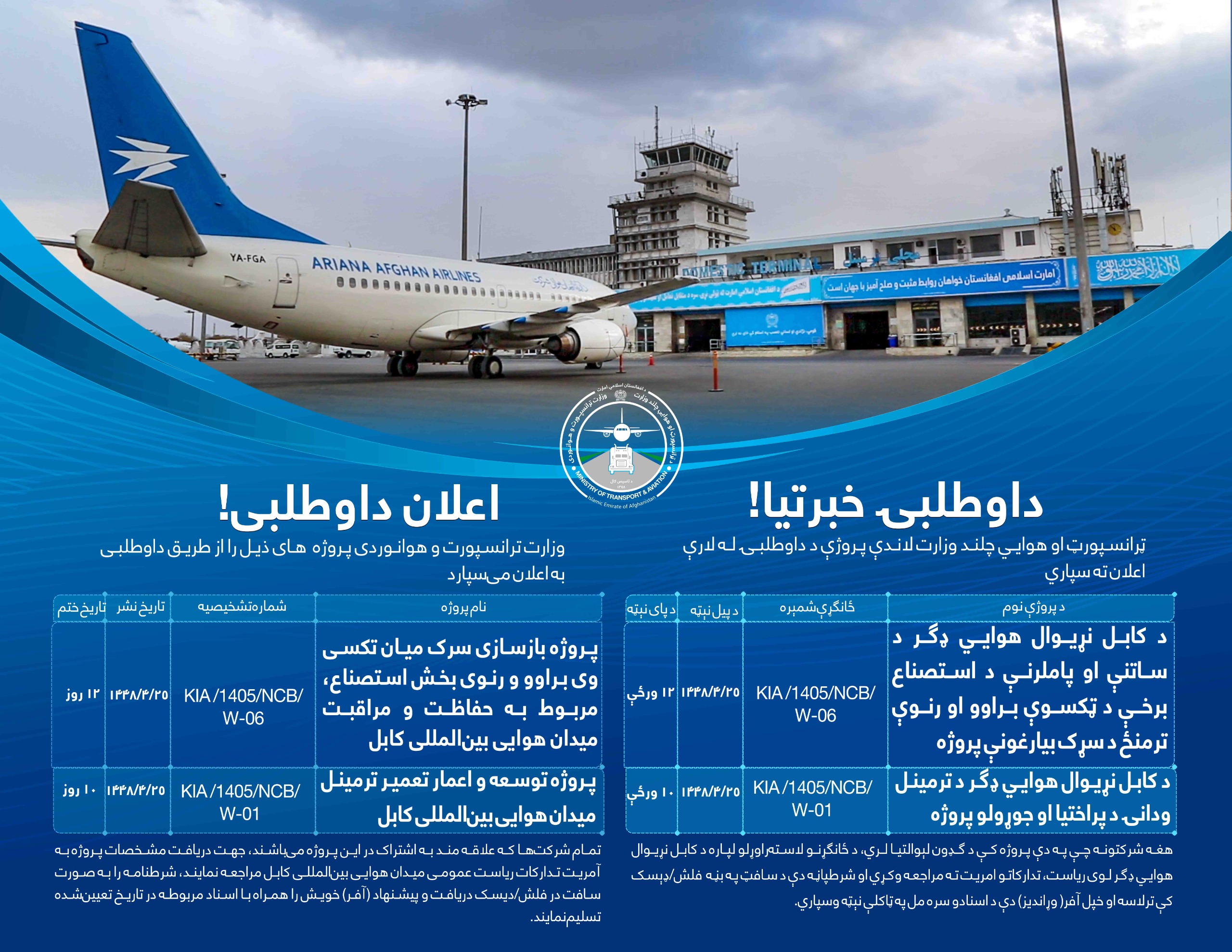 وزارت ترانسپورت و هوانوردی پروژه های ذیل را از طریق داوطلبی به اعلان می سپارد